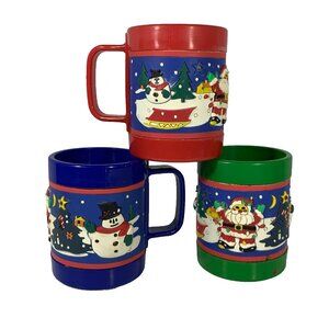 Vintage 3D Christmas Cups Set Blue Red Green Hard Plastic Santa Snowman Kid 4"